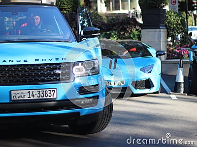 Blue Supercars Lamborghini + Range Rover Editorial Stock Photo