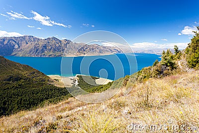 Blue surface of Lake Hawea, Central Otago, NZ Stock Photo