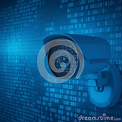 Blue surveillance camera overlooking digital binary code, data security focus Stock Photo