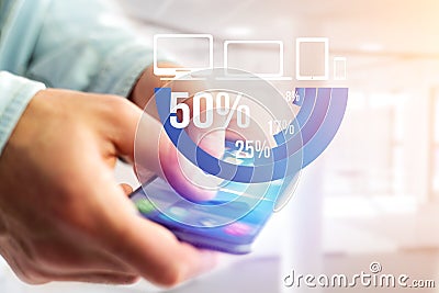 Blue survey graph interface with business theme going out a smartphone - Technology concept Stock Photo