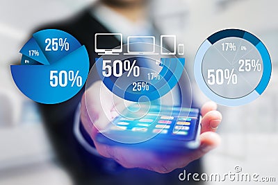 Blue survey graph interface with business theme going out a smartphone - Technology concept Stock Photo