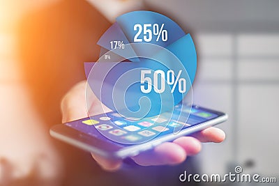 Blue survey graph interface with business theme going out a smartphone - Technology concept Stock Photo