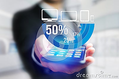 Blue survey graph interface with business theme going out a smartphone - Technology concept Stock Photo