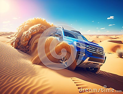 A blue SUV on a clear sunny day rushes through the dunes Stock Photo