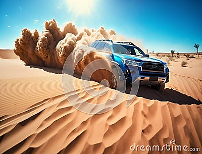 A blue SUV on a clear sunny day rushes through the dunes Stock Photo