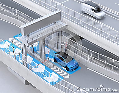 Blue SUV passing through toll gate without stop by ETC Electronic Toll Collection System Stock Photo