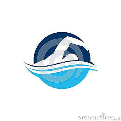 Blue swimming logo with abstract man silhouette. Swimming Club Logo Design. Vector Illustration