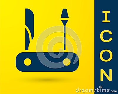 Blue Swiss army knife icon isolated on yellow background. Multi-tool, multipurpose penknife. Multifunctional tool Vector Illustration