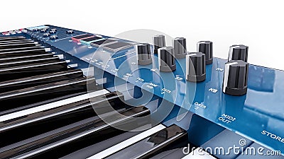 Blue synthesizer MIDI keyboard on white background. Synth keys close-up. 3d rendering Stock Photo