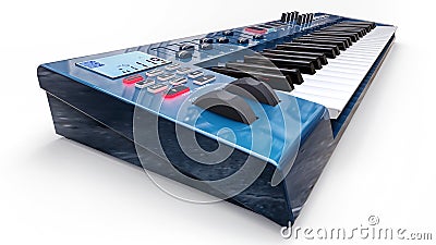 Blue synthesizer MIDI keyboard on white background. Synth keys close-up. 3d rendering Stock Photo