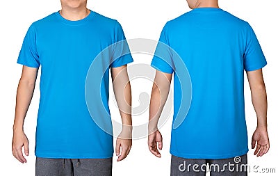 Blue t-shirt on a young man isolated on white background. Front and back view Stock Photo