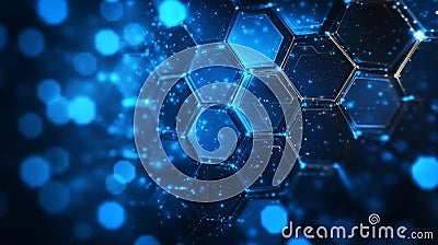 Blue Tech Hexagons Glow. Futuristic Cells Connect. Network Structure. Data Transfer. Information Technology. Scientific Pattern. Stock Photo