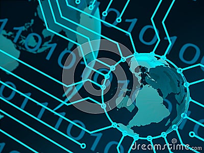 Blue technology background circuit board, earth, digits. 3D illustration Cartoon Illustration