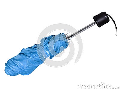 Blue telescopic umbrella, part furled. Isolated on white background. Stock Photo