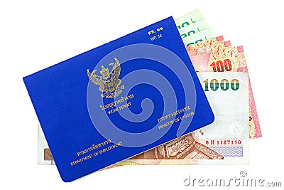 Blue Thai Work Permit book with different Thai Baht inside isolated on white. Editorial Stock Photo