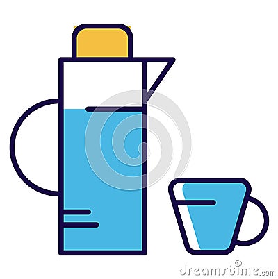 Blue thermos and cup flat design icon. Simple drinkware illustration with a thermos flask and mug. Beverage container Vector Illustration