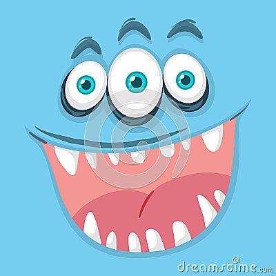 Blue three eyed monster face Cartoon Illustration