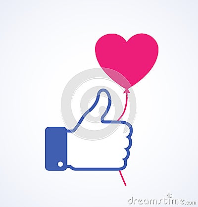 Blue thumb up icon with pink heart balloon. Valentine`s day card concept. Vector Illustration