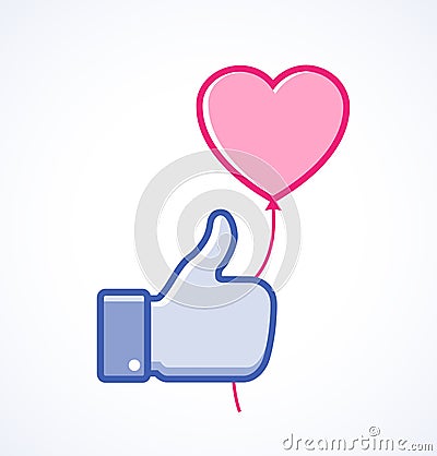 Blue thumb up icon with pink heart balloon. Valentine`s day card concept. Valentines day icon Vector Illustration