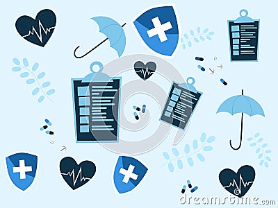 Blue tone background with protection and health symbols, umbrella and shield and heartbeat with health check results and pills. Stock Photo