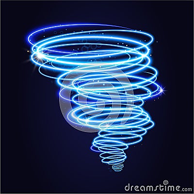 Blue tornado, swirling storm cone of stardust sparkles on dark background. Blue spiral hurricane with light effect Vector Illustration