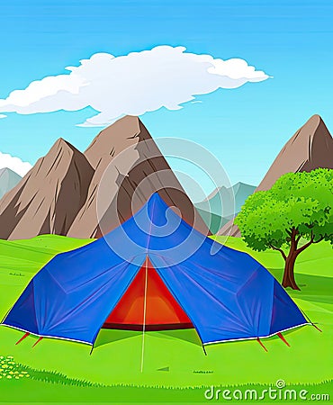 Blue tourist tent on a green meadow, against the backdrop of mountains Stock Photo