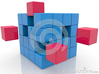 The blue toy blocks are stacked in the shape of a cube with some red toy blocks Stock Photo