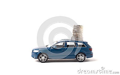 Kiev, Ukraine - February 2, 2020. Blue toy iron car with coins on a white background. concept of earnings, income and high cost Editorial Stock Photo