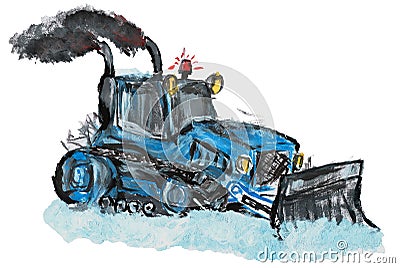 Blue tractor bulldozer cleans snow on roads painted with watercolors Stock Photo