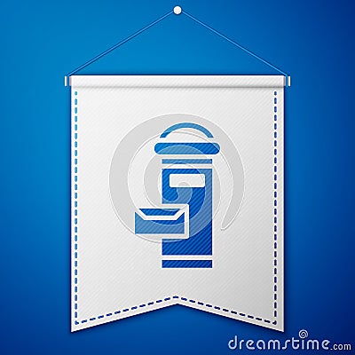 Blue Traditional London mail box icon isolated on blue background. England mailbox icon. Mail postbox. White pennant Vector Illustration