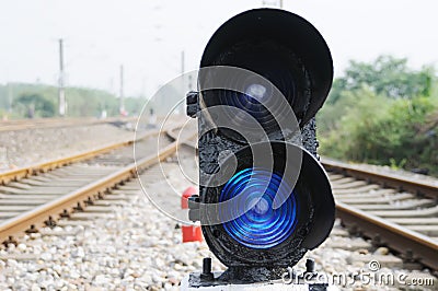 Blue train signal Stock Photo