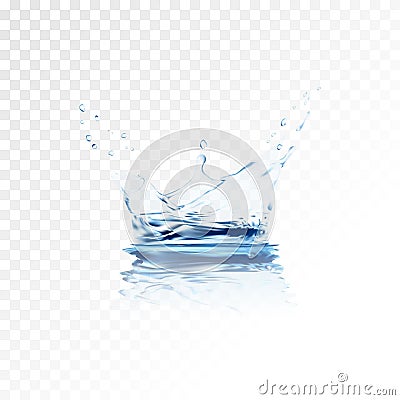 Blue transparent water vector splash crown with ripple reflection. water spray with drops . 3d illustration Vector Illustration