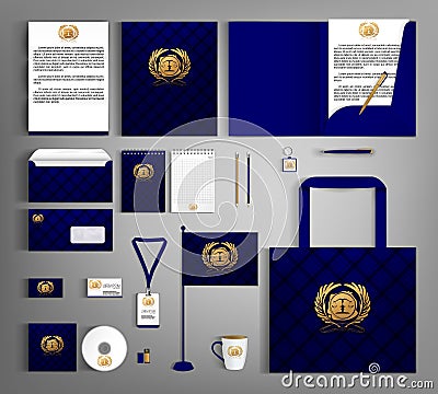 Blue trendy corporate identity template design with gold Notary symbol. Vector Illustration