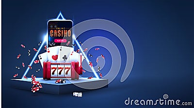 Blue triangular podiums with smartphone, red slot machine, poker chips, playing cards in scene with blue neon triangle border. Vector Illustration