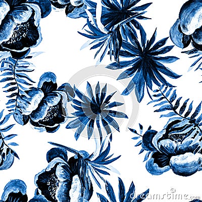 Blue Tropical Leaf. White Seamless Illustration. Navy Pattern Vintage. Cobalt Drawing Vintage. Indigo Floral Textile. Stock Photo