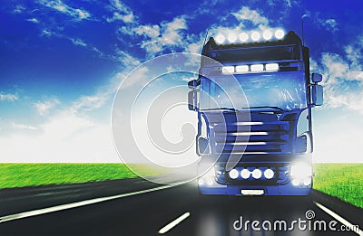 Blue truck speed transport goods highway street motorway. 3d rendering Stock Photo