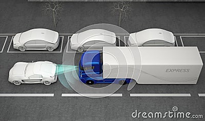 Blue truck stopped by automatic braking system Stock Photo