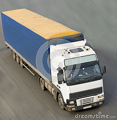 Blue truck view from top isolated on road Stock Photo