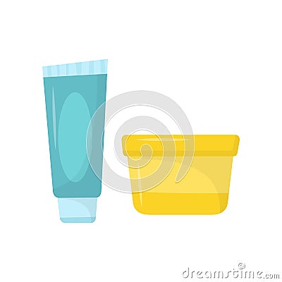 Blue tube of toothpaste and small yellow jar of cream. Skin care cosmetics. Personal hygiene. Flat vector icons. Vector Illustration