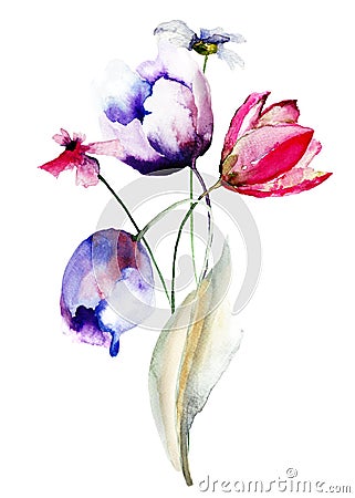 Blue Tulips flowers with wild flowers Cartoon Illustration