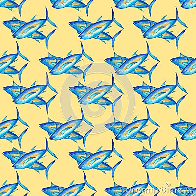 Blue tuna fish on a yellow background. Seamless pattern. Watercolor illustration. For menu design, print on textiles, packaging Cartoon Illustration