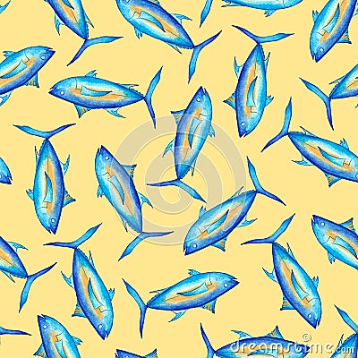 Blue tuna fish on a yellow background. Watercolor illustration. Sea fish. Seamless patterns for backgrounds, packaging, textiles Cartoon Illustration