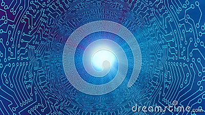 Blue tunnel in highway with circuit board pattern texture. High-tech background in digital computer technology concept, moving to Cartoon Illustration