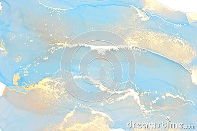 Blue, turquoise ink wash, marble and gold abstract background texture. Ocean waves and sand imitation. Ink art. Vector Illustration