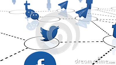 Blue twitter and telegram social network icons on white background. Editorial Stock Photo