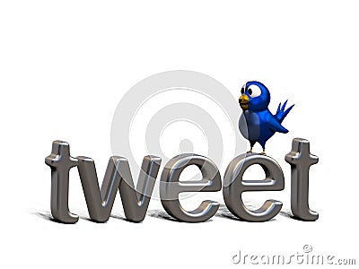 Blue twittering bird standing on the word tweet Stock Photo