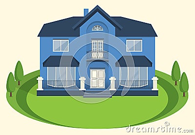 A blue two-story mansion with a balcony and large windows.Vector Vector Illustration