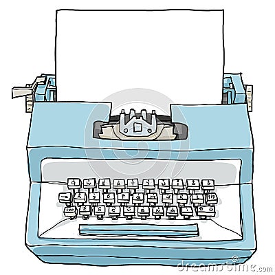 Blue typewriter vintage toy with paper cute hand drawn art illus Cartoon Illustration