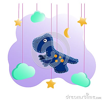 Blue tyrannosaurus in the style of a felt toy with a stitch thread. Among the clouds and stars. Vector Illustration