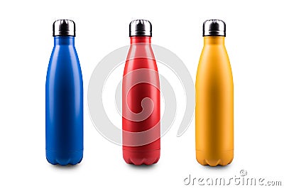 Blue or ultramarine, red and yellow steel thermo bottle for water isolated on white background. Stock Photo